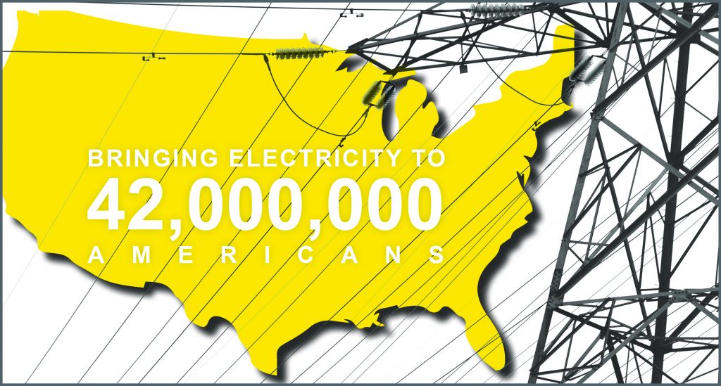 Infographic image of U.S.A. with power lines and text that reads: Bringing Electricity to 42,000,000 Americans. 