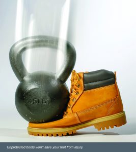 Unprotected boots won't save your feet from injury. A kettle bell falling on non-steel toe boots.