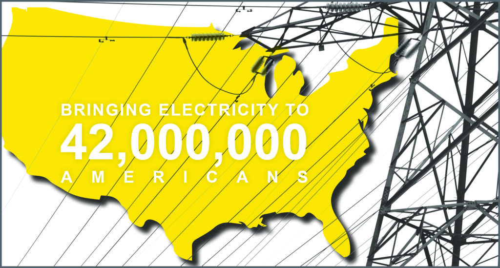 Infographic image of U.S.A. with power lines and text that reads: Bringing Electricity to 42,000,000 Americans.