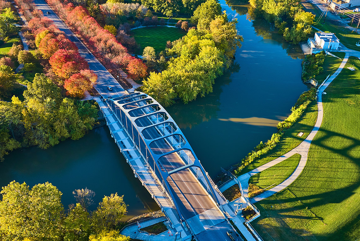 Aerial view of an Indiana bridge