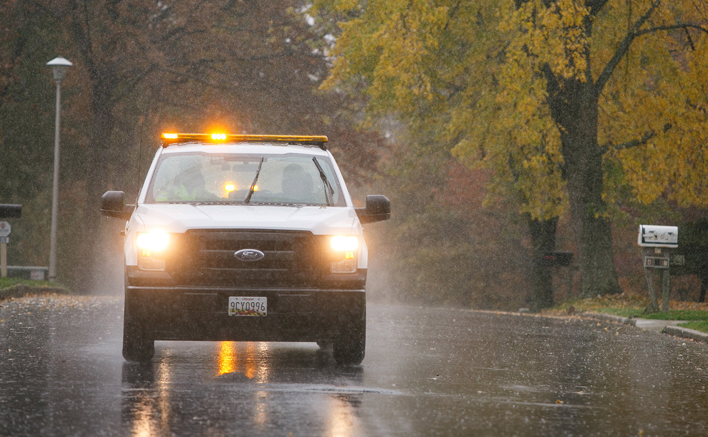 Flagger Force truck driving in a storm